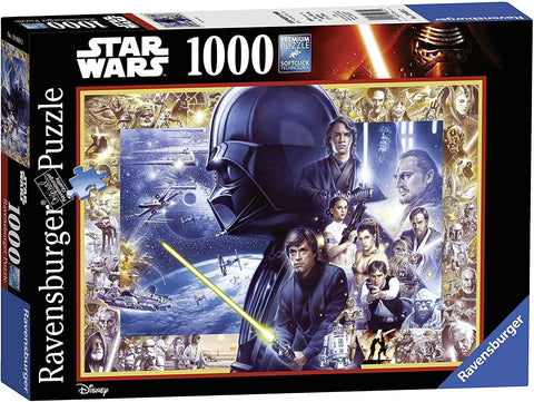 Star Wars 1000 detalių dėlionė (Ravensburger) – dėžutės priekyje koliažas su Darth Vaderiu, Luku ir kitais ikoniškais veikėjais