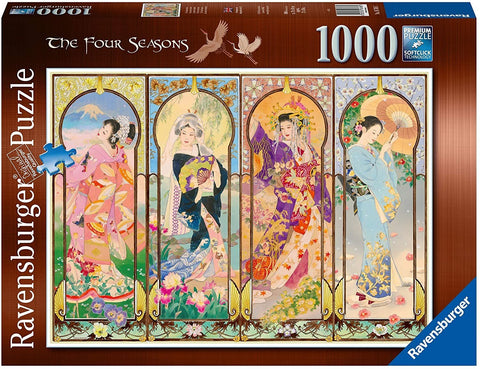 Dėlionė 1000 detalių Ravensburger su keturiomis sezoniškų geišų panelėmis, ryškiomis gėlėmis ir ornamentais