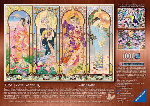 Dėlionė Ravensburger 1000 detalių „The Four Seasons“ — keturių geišų iliustracijos pagal Haruyo Morita, pakuotės nugarėlė