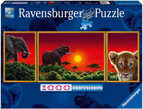 Dėlionė Ravensburger 1000 dalių, trijų dalių saulėlydžio triptichas su drambliais ir liūtuko portretu