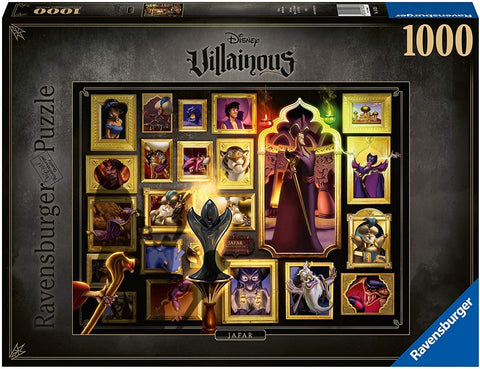 Dėlionė Ravensburger 1000 dalių Villainous – Jafar, dėžės priekinė pusė su aukso rėmais, Jafaro portretu ir dalių skaičiumi