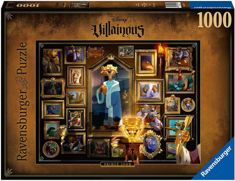 Dėlionė Ravensburger 1000 detalių Disney Villainous, dėžės pakuotė su Prince John portretu ir aukso taure