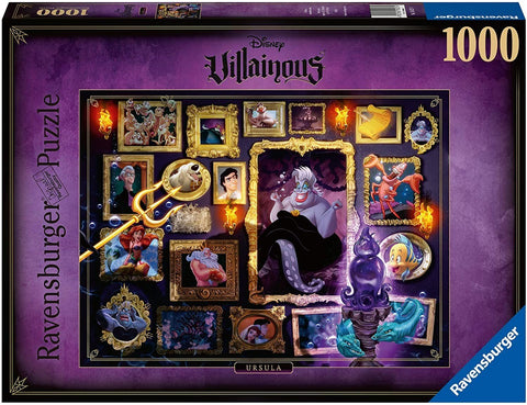 Dėlionė Ravensburger 1000 dalių su Ursula, dėžutės priekinis piešinys su violetiniu fonu ir aukso rėmais