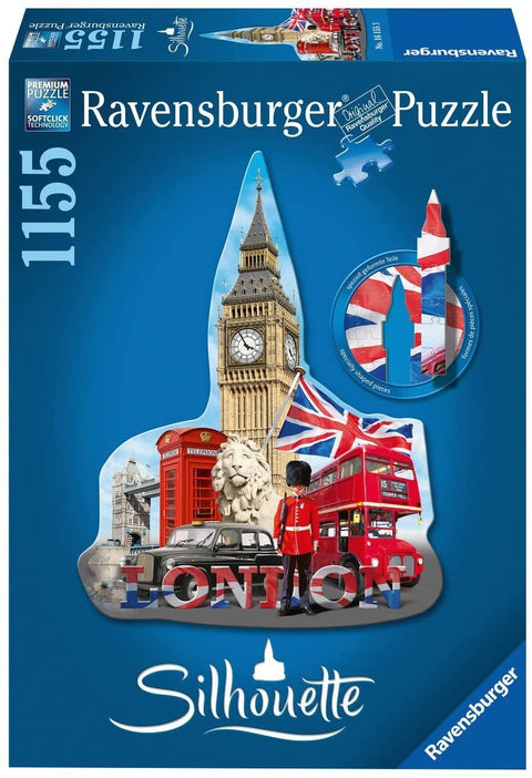 Dėlionė Ravensburger Silhouette (1155 det.) – Londono tematikos formos galvosūkis su Big Beno, raudonu dviračiu ir autobusais