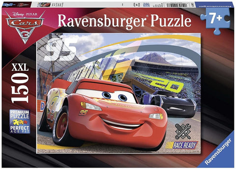 Dėlionė Ravensburger Cars 3 XXL 150 dalių, dėžutės priekinis dizainas su Žaibu Makvynu lenktynių scenoje