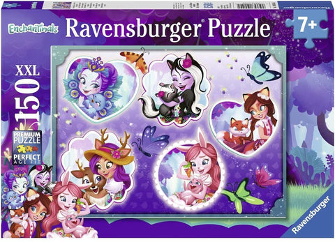 Ravensburger puzzle 150 dalių XXL Enchantimals, violetinė pakuotė su pasakiškais personažais ir drugeliais, amžiui 7+