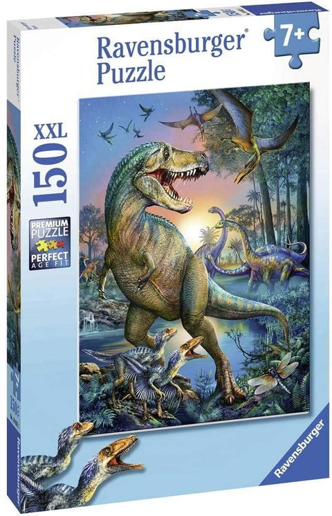 Dėlionė 150 XXL su dinozaurų peizažu ant dėžutės, ryškios spalvos ir dramatiška priekinė iliustracija