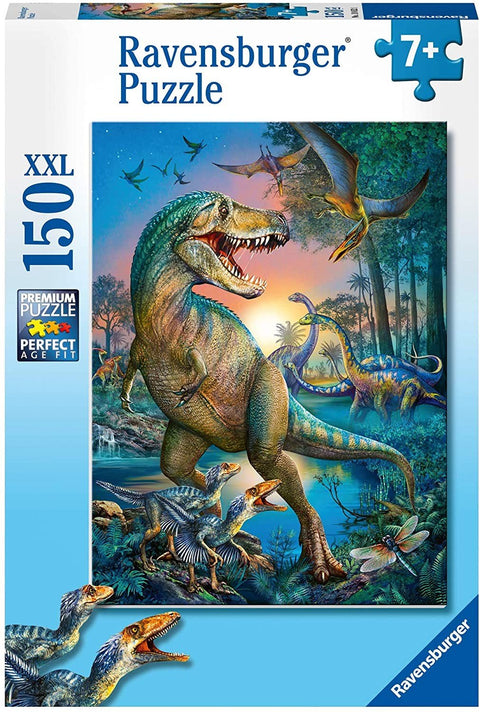 Dėlionė Ravensburger 150 XXL su spalvingu dinozaurų peizažu, T-reksas prie ežero ir skraidantys pterodaktilai