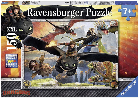 Dėlionė Ravensburger XXL 150 detalių, DreamWorks Dragons scena su Toothless ir Hiccup skraidant ore, ryškios spalvos