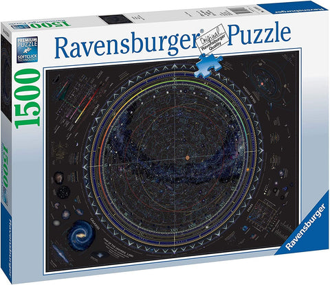 Dėlionė Ravensburger 1500 detalių, juodas žvaigždžių žemėlapio dizainas ant priekinės dėžutės, parodyta kampu