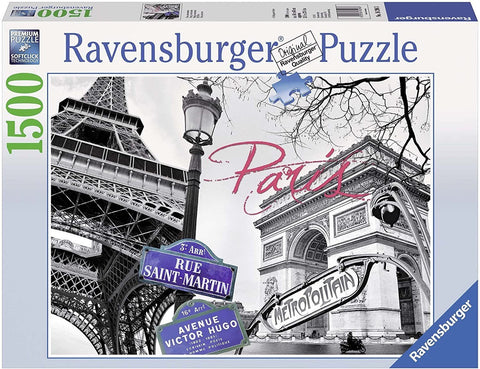 dėlionė Ravensburger 1500 dalių, juodai balta Paryžiaus koliažinė scena su Eifelio bokštu, Triumfo arka ir Métropolitain ženklu