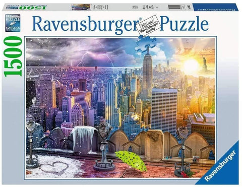 Dėlionė Ravensburger 1500 det., Niujorko panorama su saulėtu ir audringu dangumi, žalias skėtis ant stogo