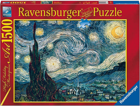 Dėlionė Ravensburger 1500 dalių "Žvaigždėta naktis", ryškūs mėlyni ir geltoni potėpiai ant dėžutės priekinės dalies