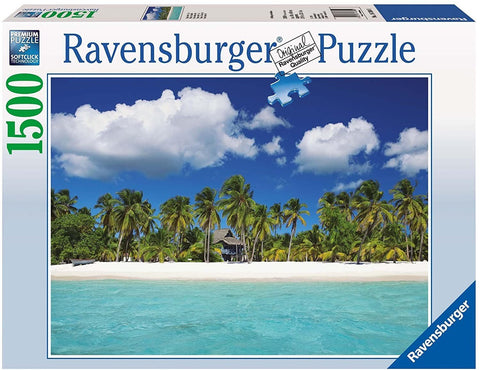 Dėlionė Ravensburger 1500 dalių su tropiniu paplūdimiu, turkio jūra, baltu smėliu ir palmėmis ant dėžutės priekinio krašto