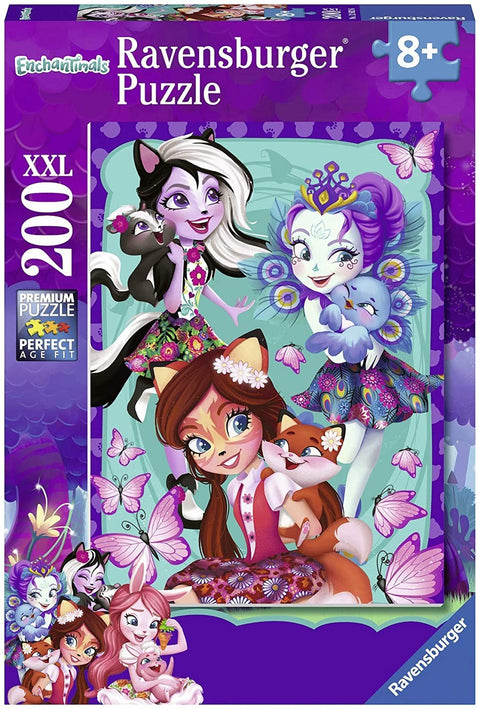 Dėlionė Ravensburger 200 dalių XXL su violetine dėže ir Enchantimals herojėmis (katė, lapė, paukštė) ant viršelio