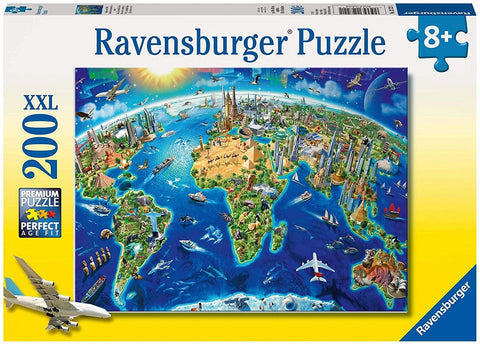 Puzlė Ravensburger XXL 200 dalių, spalvinga ir detali pasaulio žemėlapio iliustracija ant dėžės