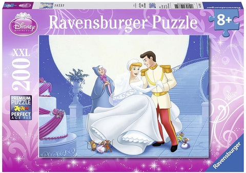 Ravensburger dėlionė Pelenė 200 dalių XXL — nuotakos ir princo vestuvių scena su mažomis pelėmis ir rožiniu dėžutės rėmu