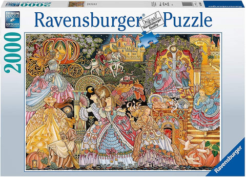 Dėlionė Ravensburger 2000 dalių su spalvingu pasakų motyvu, smulkiais ornamentais ir dėžutės priekiniais logotipais
