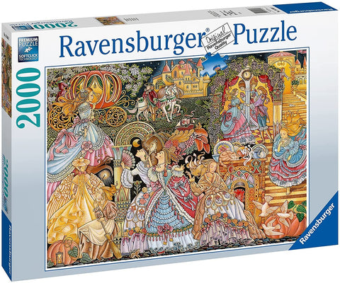 Dėlionė Ravensburger 2000 det., spalvinga pasakų iliustracija ant pakuotės, priekinė dėžutės pusė pavaizduota šonu