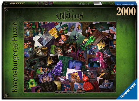 Dėlionė Ravensburger 2000 detalių Disney Villainous tamsiai žalia dėžė su išbarstytomis kortomis, figūrėlėmis ir žetonais