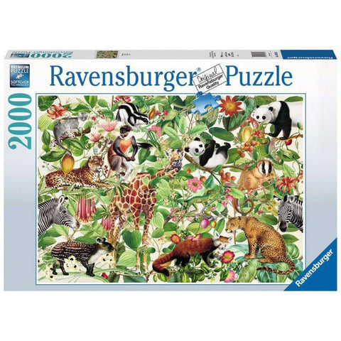 Galvosūkis Ravensburger 2000 det., dėžutės priekinė dalis su spalvotu tropinių gyvūnų ir augalų koliažu