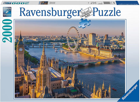 Dėlionė Ravensburger 2000 dalių, Londono panorama su Big Ben ir London Eye saulėlydžio šviesoje, aukštas oro kampas