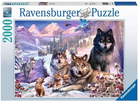 Dėlionė 2000 detalių Ravensburger, žieminė vilkų šeimos scena su jaunikliais ir uogomis, surinkta 70×50 cm