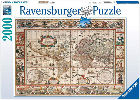 Dėlionė Ravensburger 2000 dalių su senoviniu pasaulio žemėlapiu, pakuotės priekinė dalis su detalia iliustracija ir ornamentais