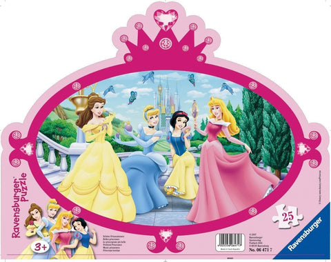 Puzlė 25 detalių su Disney princesėmis (Belle, Pelenė, Snieguolė, Aurora), rožinis karūnos rėmas, tinka vaikams 3+
