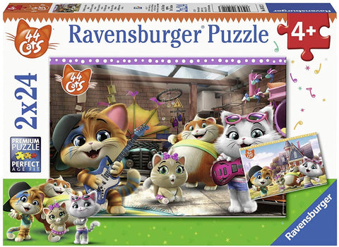 Dėlionė Ravensburger 2x24: spalvingi 44 Cats kačiukai groja instrumentais garaže, pridedama mažesnė pakuotės iliustracija
