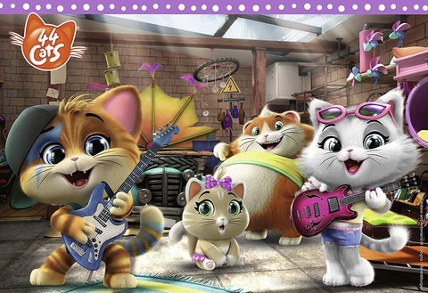 Dėlionė 44 Cats vaikams, 500 dalių, ryškios spalvos, priekio kampu su keturiomis muzikantėmis katėmis ir gitarom