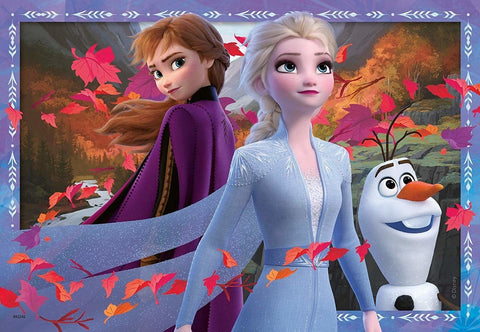 Dėlionė Frozen su Elza ir Anna bei Olafu, rudeniška scena su raudonais lapais ir Elzos priekyje pozuojimu