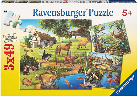 Dėlionė Ravensburger 3×49 dalių, spalvingas rinkinys su kaimo, miško ir safarių gyvūnų scenomis, tinka 5+