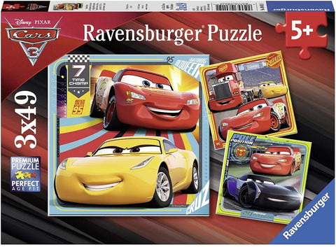 Dėlionė Ravensburger 3x49 dalių Cars tematikos pakuotė su raudonu Žaibo Makvinu ir geltonu Cruz'u