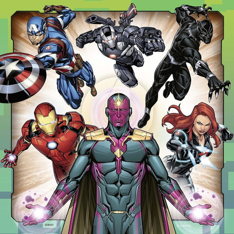 Servetėlės Marvel, priekinis dizainas su Vision centre ir Kapitonas Amerika, Iron Man, War Machine, Juodasis Pantera ir Juodoji Našlė, žalsvas rėmas, vakarėliui (variantas su herojų koliažu).