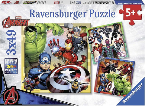 Dėlionė Ravensburger Avengers 3 x 49 dalių, dėžutės priekinis vaizdas su trimis skirtingais herojų motyvais