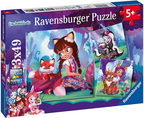 Dėlionė Ravensburger 3x49 dalių vaikams, violetinė pakuotė su Enchantimals herojėmis ir miško scena priekinėje dalyje