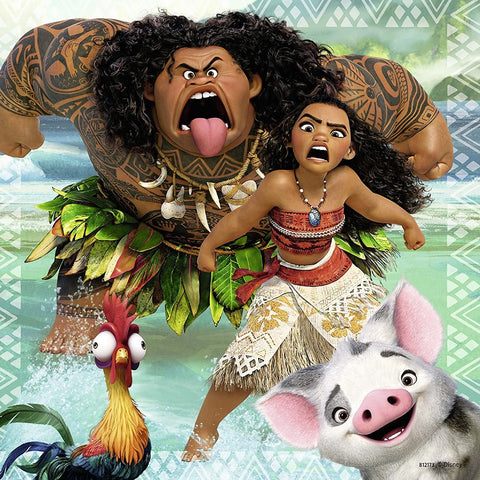Moana plakatas vaikų kambariui su Moana, Maui, kiaulute Pua ir vištuku Heihei dinamišku jūros nuotykių siužetu