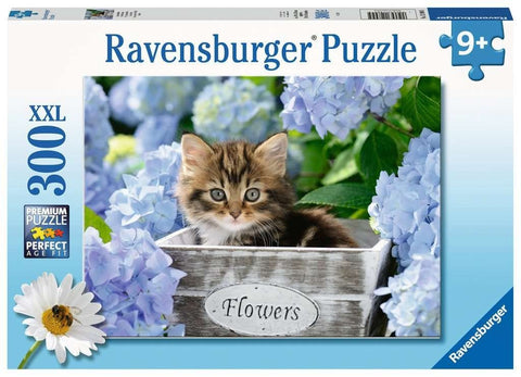 Dėlionė Ravensburger 300 dalių XXL: katinėlis dėžutėje tarp mėlynų hortenzijų, pakuotės priekinis dizainas