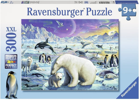 Dėlionė Ravensburger 300 XXL — poliarinė scena su baltąja meška ir jaunikliu, pingvinais ir orkų šuoliais