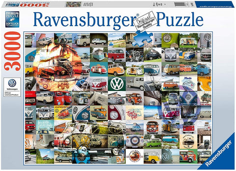 Ravensburger 3000 dalių dėlionė, spalvota koliažinė mozaika su įvairių Volkswagen mikroautobusų motyvais, oficiali licencija
