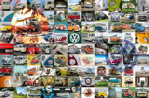 Plakatas Volkswagen kemperių koliažas, spalvota retro kompozicija kaip unikalus galerijos variantas