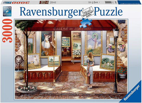 Dėlionė Ravensburger 3000 detalių, dėžutės priekinis dizainas su moterimi prie galerijos ir paveikslais