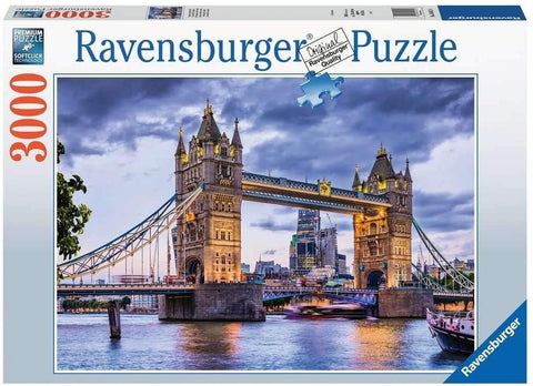 Dėlionė Ravensburger 3000 detalių, Londono Tower Bridge panorama vakaro šviesose, dėžutės priekis