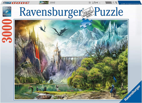 Dėlionė Ravensburger 3000 detalių — fantastiškas peizažas su pilimi, lavos kriokliu, ledo rūmu ir drakonais