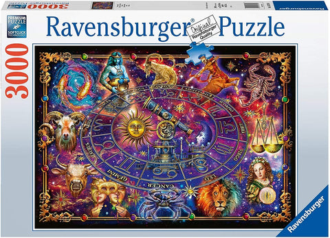 Dėlionė Ravensburger 3000 detalių, dėžutės priekis su spalvingu zodiako žvaigždynu ir detalizuotu astro ratiniu piešiniu