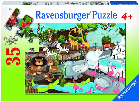 Dėlionė Ravensburger 35 dalių vaikams, spalvingas zoologijos sodo paveikslėlis ant dėžutės viršelio su begemotais, flamingais ir liūtu