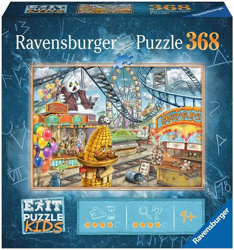 Dėlionė Ravensburger 368 dalių vaikams, mėlyna dėžutė su karuselės mugės scena ir kukurūzo veikėju, skirtas 9+