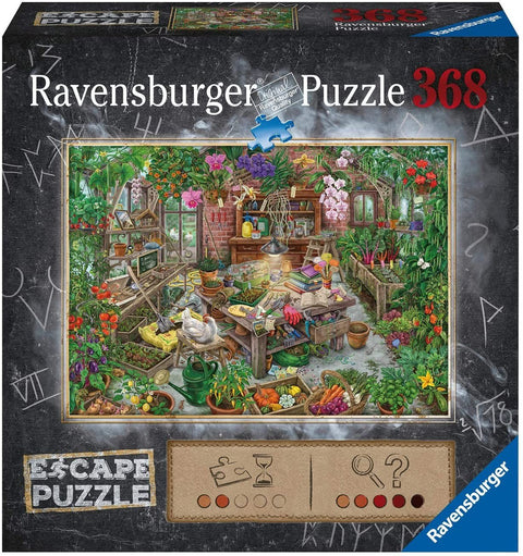 Ravensburger dėlionė 368 det., dėžės priekinė pusė su sodininko šiltnamio scena, įrankiais ir daržovėmis, Escape Puzzle serija
