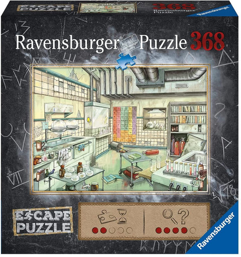 Ravensburger dėlionė 368 dalių – pabėgimo kambario laboratorijos iliustracija ant dėžutės, rodoma priekinė pakuotė